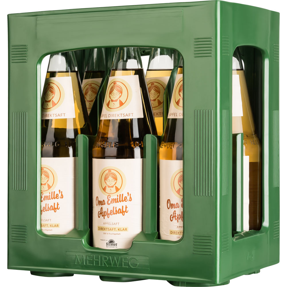 In einer grünen Kiste stehen sechs 1-Liter-Glasflaschen von Klauss & Klauss Oma Emilles Apfelsaft Direktsaft klar (MEHRWEG) aus Baden-Württemberg, ein ungesüßter, klarer Apfelsaft, aufrecht.