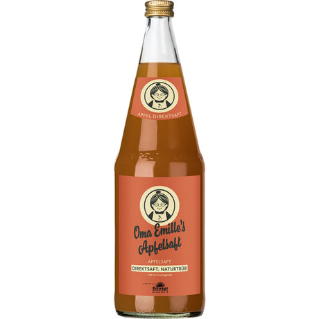 Eine Glasflasche Klauss & Klauss Oma Emille's Apfelsaft Direktsaft naturtrüb 1L (Mehrweg), mit braunem Etikett und Goldkappe, aus Baden-Württemberg.