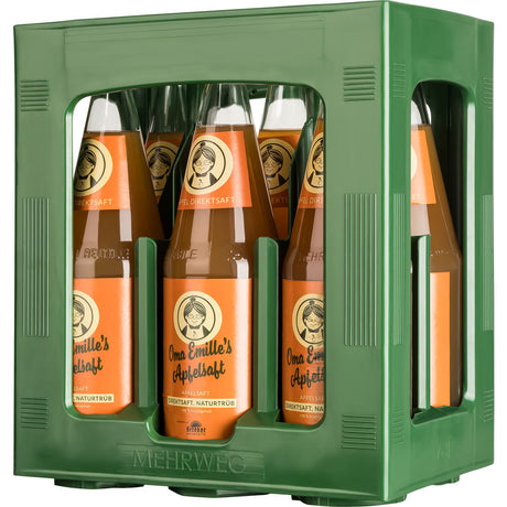 Eine grüne Kiste enthält sechs 1-Liter-Glasflaschen von Klauss & Klauss Oma Emille's Apfelsaft Direktsaft naturtrüb (MEHRWEG), jede mit bunten orangefarbenen und gelben Etiketten, die 100% Apfelsaft aus Baden-Württemberg anbieten.
