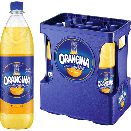 Eine Kiste Orangina 6x 1 Liter (MEHRWEG) Flaschen von Orangina mit blau-gelbem Branding und dem Etikett "mit Fruchtfleisch" hebt diese natürliche Limonade hervor.