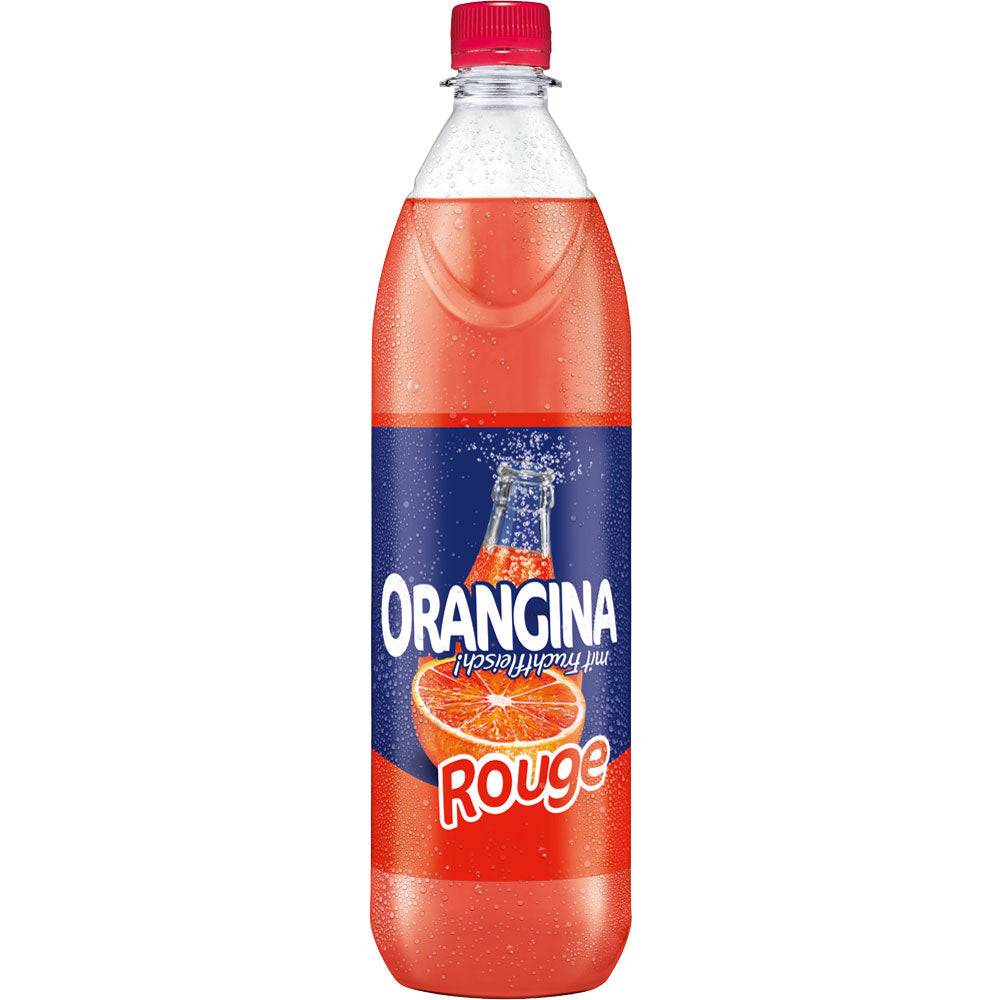 Orangina Rouge 6x1L (MEHRWEG) von Orangina mit rotem Deckel und Etikett mit Orange- und Grapefruit-Scheiben bietet ein fruchtiges Geschmackserlebnis aus Grapefruits, Orangen, Limonen und Mandarinen.