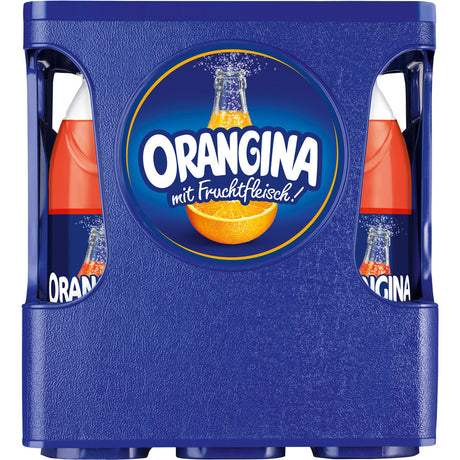 Blaue Kunststoffkiste mit Orangina Rouge 6x 1 Liter (MEHRWEG) Flaschen von Orangina, Etikett zeigt eine Orange und lautet "Orangina mit Fruchtfleisch" - ein fruchtiges Geschmackserlebnis aus Grapefruit, Orangen, Zitronen und Mandarinen.