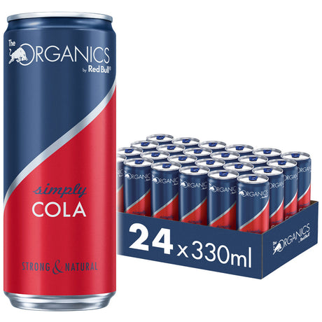 Eine Dose Red Bull Organics Simply Cola steht neben einer 24er-Kiste mit 0,33-Liter-Dosen (EINWEG) von Red Bull.