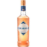 Eine 0,7-Liter-Flasche Déja-vu Oriental Déja-vu Aperitif (17%), hergestellt mit französischem Weindestillat, besticht durch ein strukturiertes, orangefarbenes Glas und ein blaues Etikett, das den Reiz exotischer Gewürze einfängt.