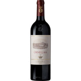 Eine Flasche Ornellaia Bolgheri Rosso Superiore DOC 2021 von Ornellaia, ein bekannter toskanischer Rotwein mit einem auffälligen rot-goldenen Etikett.