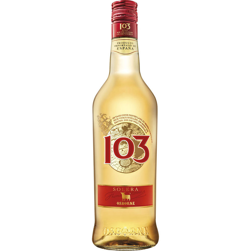 Eine Flasche Osborne 103 Etiqueta Blanca 30% Vol. (0,7 Liter), ein spanischer Brandy der Marke Osborne, präsentiert mit klassischem Etikett auf weißem Hintergrund.