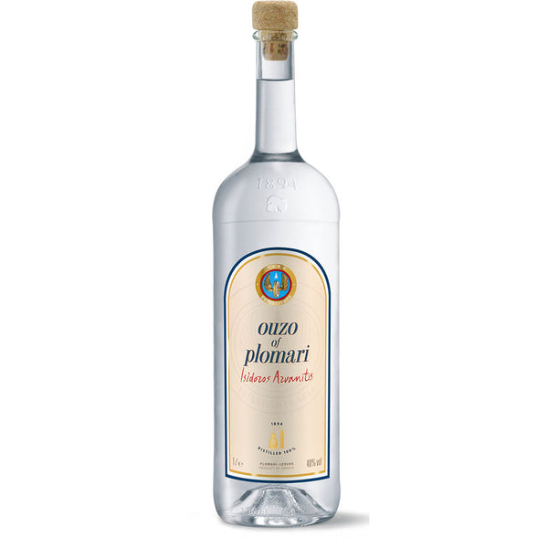 OUZO von Plomari 40%, griechische Spirituose mit Anisgeschmack, in einer klaren Glasflasche mit Korken und blau-rotem Etikett. Inhalt: 0,7 Liter.