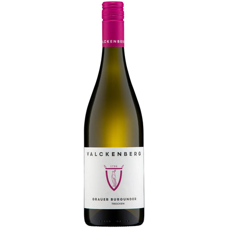 Eine Flasche P.J. Valckenberg Grauburgunder trocken 2024, ein Weißwein aus Rheinhessen mit einem rosafarbenen Verschluss und einem weißen Etikett.