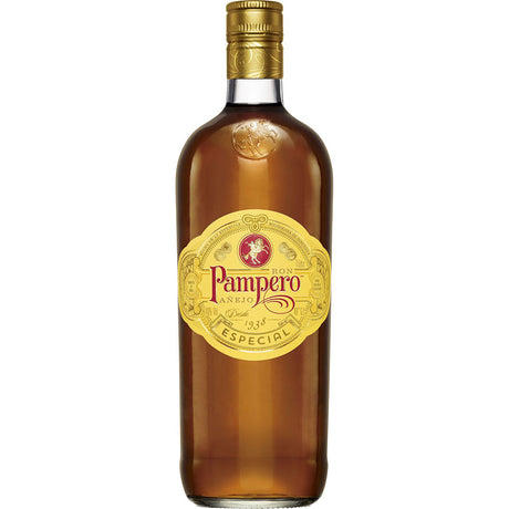 Eine 1L Flasche Pampero Rum Especial aus Venezuela (40%) von Pampero ist mit einem goldenen Etikett und Verschluss auf weißem Hintergrund abgebildet.