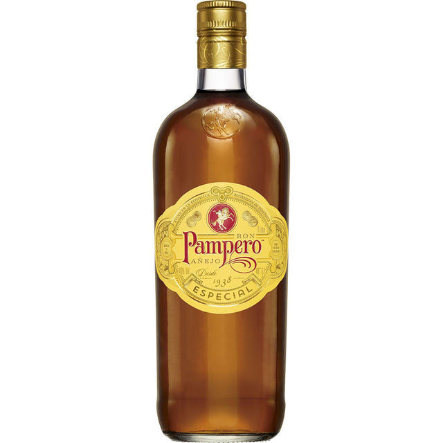 Eine 1L Flasche Pampero Rum Especial aus Venezuela (40%) von Pampero ist mit einem goldenen Etikett und Verschluss auf weißem Hintergrund abgebildet.