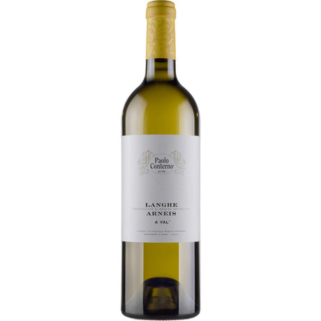 Eine Flasche Paolo Conterno A Val Langhe Arneis DOC 2024, ein italienischer Weißwein der Marke Paolo Conterno aus dem Piemont, mit gelbem Verschluss und weißem Etikett.