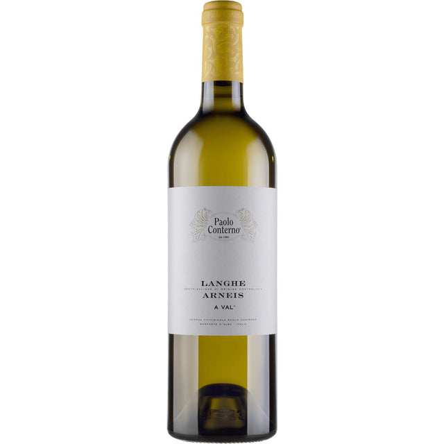 Eine Flasche Paolo Conterno A Val Langhe Arneis DOC 2024, ein italienischer Weißwein der Marke Paolo Conterno aus dem Piemont, mit gelbem Verschluss und weißem Etikett.