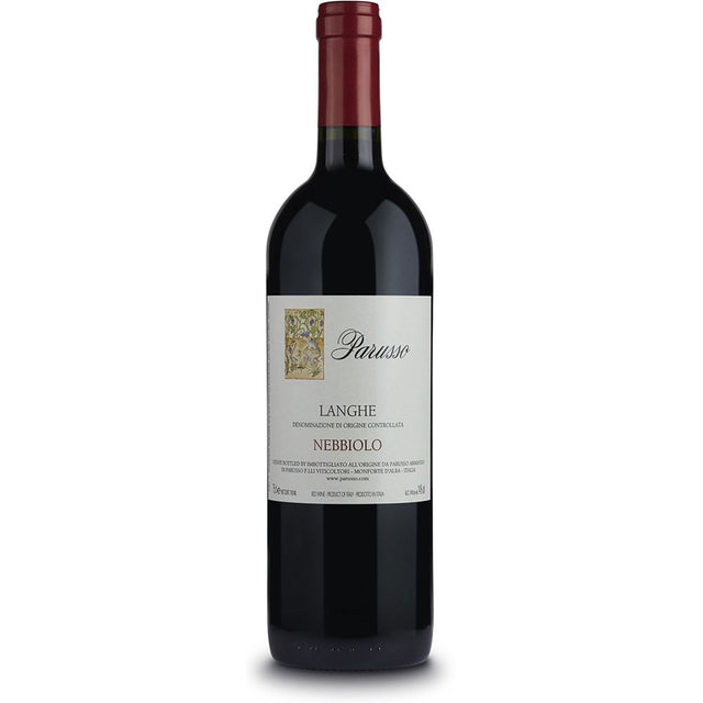 Eine Flasche Armando Parusso Nebbiolo Langhe DOC 2023 mit weißem Etikett und auffälliger roter Folie am Hals.