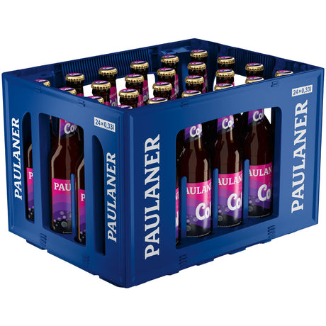 Blauer Kasten mit 24x 0,33-Liter-Flaschen Paulaner Cola (MEHRWEG), einem alkoholfreien Erfrischungsgetränk von Paulaner, angeordnet in vier Reihen mit sichtbarem Branding an den Seiten.