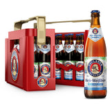 Ein 20er-Pack Paulaner Hefe-Weißbier Alkoholfrei 0,5L Flaschen (MEHRWEG) von Paulaner, mit einem erfrischenden, kalorienarmen Bier auf der Vorderseite.