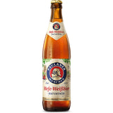 Eine Flasche Paulaner Hefe-Weißbier Hell 20x0,5L (MEHRWEG), ein klassisches bayerisches Bier von Paulaner, bekannt für seinen naturtrüben Charakter und das charakteristische beige-blaue Etikett.