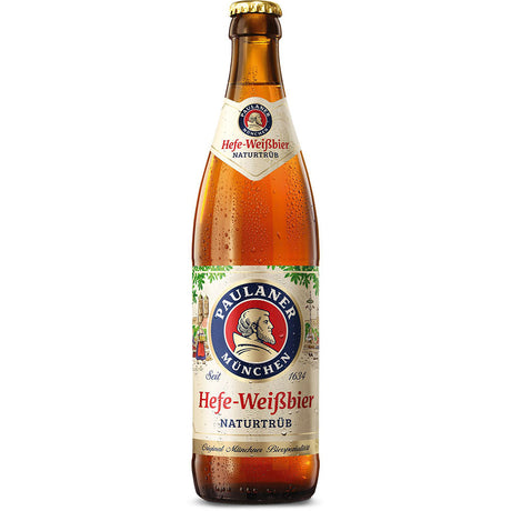 Eine Flasche Paulaner Hefe-Weißbier Hell 20x0,5L (MEHRWEG), ein klassisches bayerisches Bier von Paulaner, bekannt für seinen naturtrüben Charakter und das charakteristische beige-blaue Etikett.