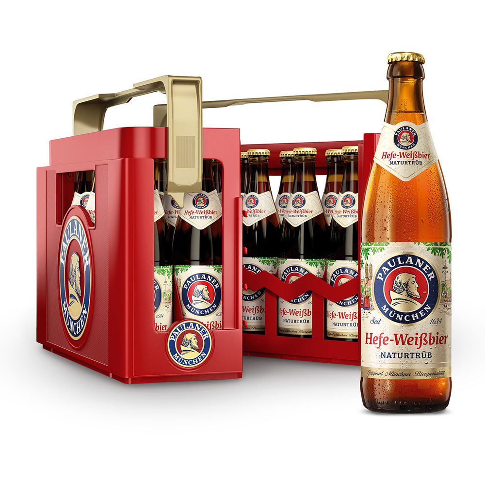 Eine Kiste Paulaner Hefe-Weißbier Hell 20x 0,5L (MEHRWEG) mit einer Flasche vorne, die dieses klassische Paulaner Gebräu und seinen charakteristischen naturtrüben Weißbierstil hervorhebt.