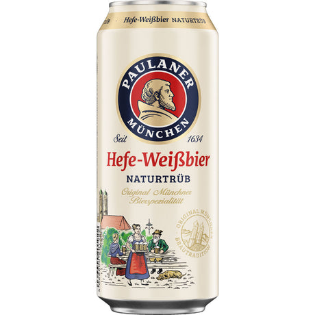 Eine 0,5-Liter-Dose Paulaner Hefe-Weißbier Naturtrüb (24er-Pack, EINWEG) mit bayerischen Motiven und deutschem Text hebt das klassische, unfiltrierte Weißbier von Paulaner hervor.