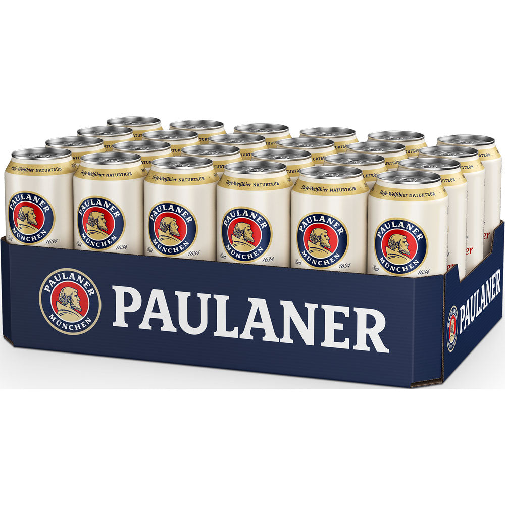 Ein 24er-Pack Paulaner Hefe-Weißbier Naturtrüb-Dosen (je 0,5 l) im blauen Paulaner-Karton, der die bayerische Brautradition und den naturtrüben Geschmack des echten Weißbiers hervorhebt.