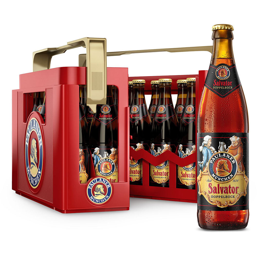 Eine 20er-Packung Paulaner Salvator Doppelbock 0,5L (Mehrweg), mit einer malzigen Flasche auf der Vorderseite.