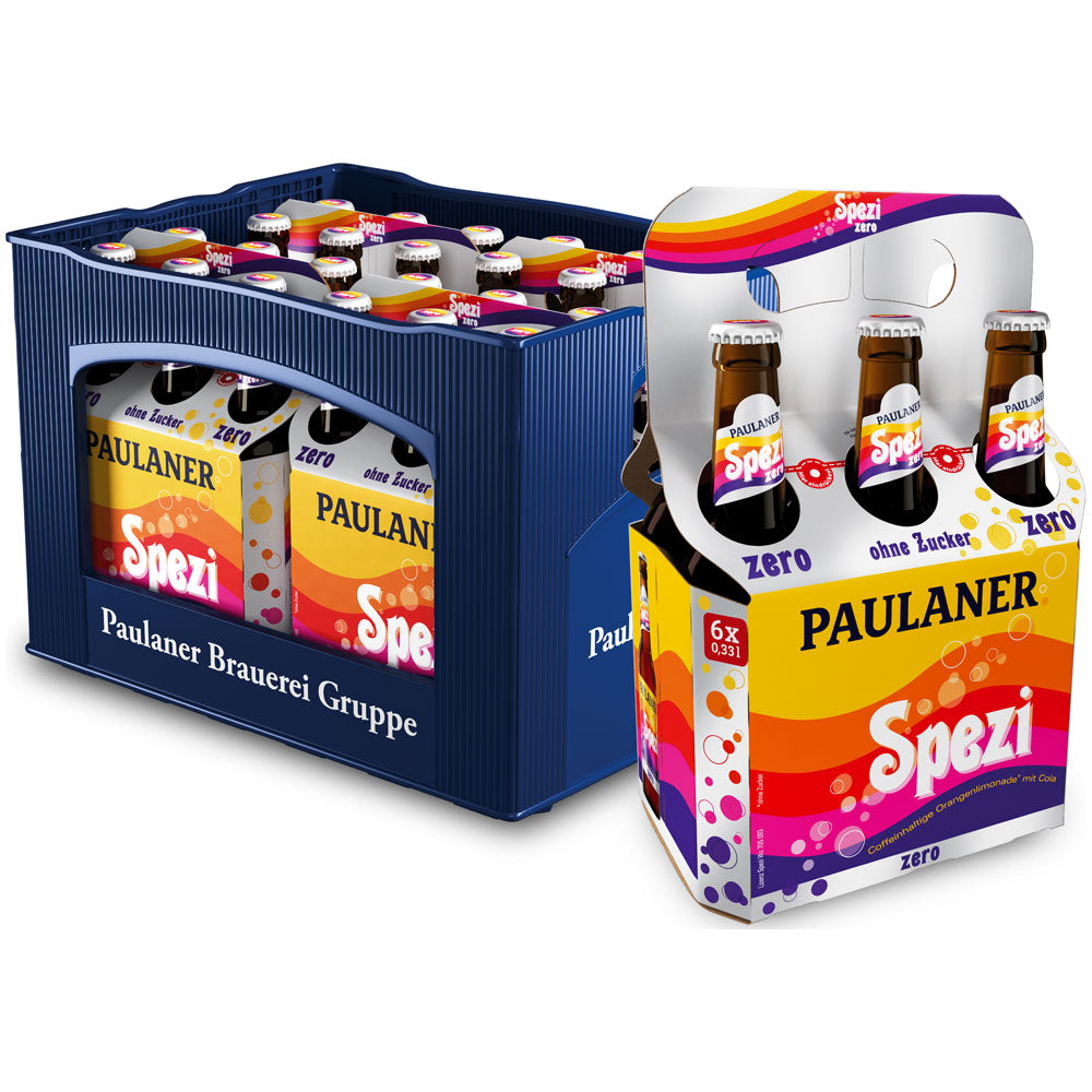 Eine blaue Kiste mit 24 Paulaner Spezi ZERO 0,33L Flaschen (4x6er MEHRWEG), mit bunten Etiketten mit "ohne Zucker", bringt süddeutsche Brauertradition in dieses zuckerfreie Cola-Mix-Getränk.