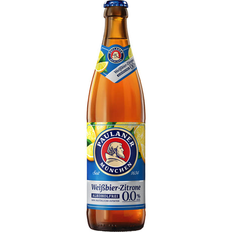 Paulaner Weißbier-Zitrone 0,0% Alkoholfrei 20x0,5L (MEHRWEG) von Paulaner verbindet klassischen Weißbiergeschmack mit erfrischenden Zitronenlimonaden-Noten und zeigt Zitronenscheiben auf dem Etikett.