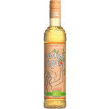 Eine 0,5L Flasche Pêcher Mignon Pfirsichlikör (15%) mit pfirsichfarbenem Etikett und abgebildeten Pfirsichen - ideal als französischer Aperitif.