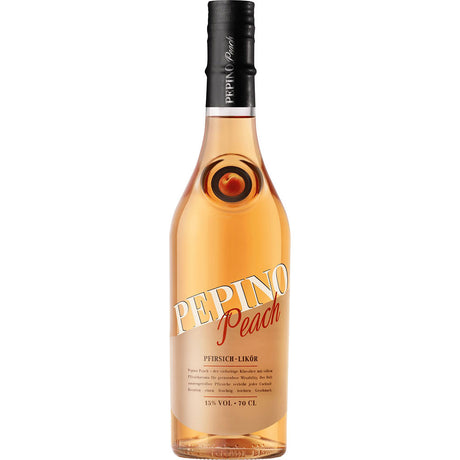 Eine 0,7-Liter-Flasche Pepino Peach 15% von Pepino mit pfirsichfarbenem Likör und schwarzem Verschluss.