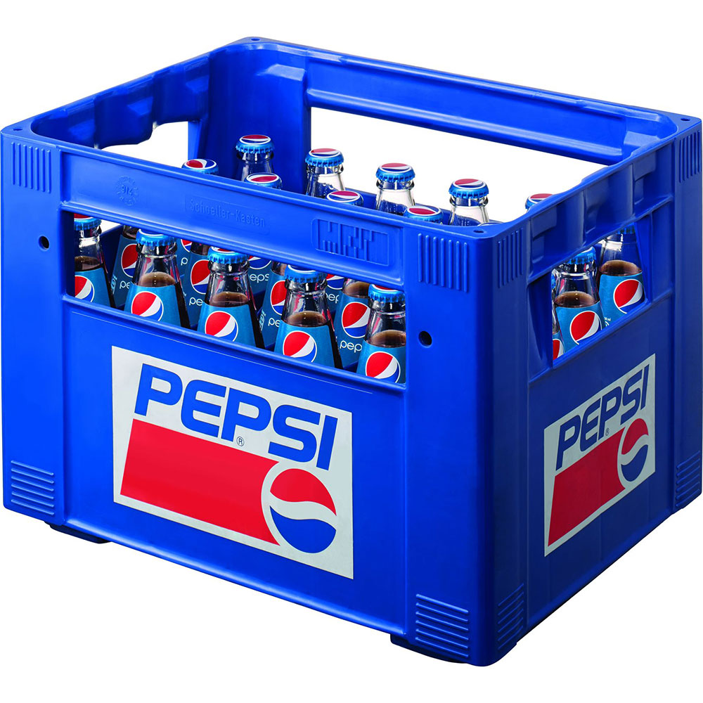 Blauer Kunststoffkasten mit 24 x 0,2 l Mehrweg Pepsi Cola-Flaschen, jeweils mit blauem Verschluss und Pepsi-Etikett - die klassische Erfrischung für jeden Cola-Liebhaber.