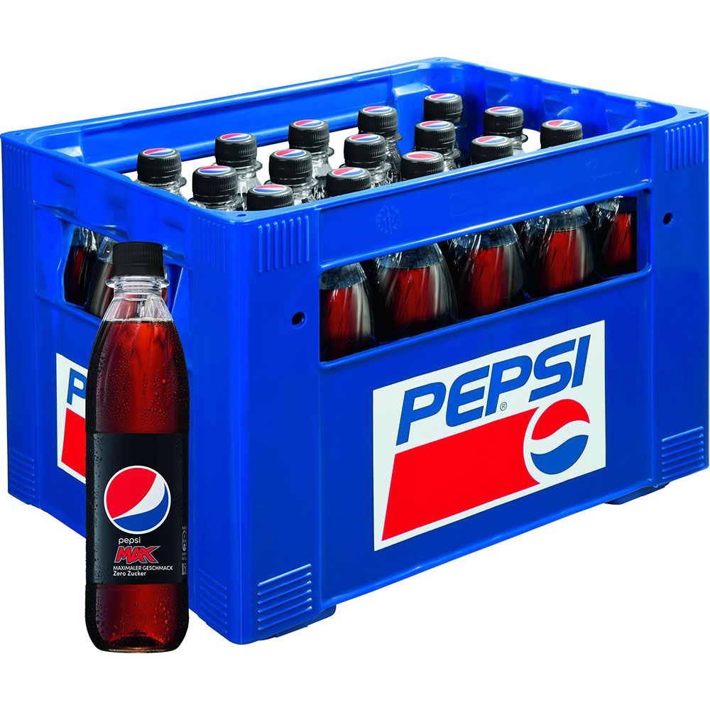 Eine blaue Kiste mit Pepsi Cola MAX PET 24x 0,5 Liter (MEHRWEG) Flaschen von Pepsi, mit einer Flasche vorne, die ihr Etikett als kalorien- und zuckerfreie Cola zeigt.