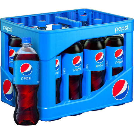 Eine blaue Kiste mit Pepsi Cola PET-Flaschen 12x1L (Mehrweg), mit einer Flasche im Vordergrund.