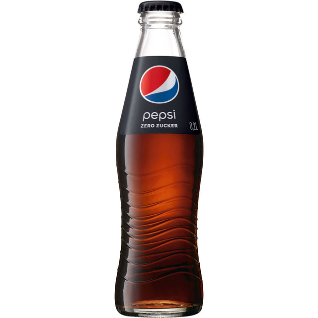 Eine Pepsi Cola MAX 0,2L Mehrweg-Glasflasche von Pepsi bietet intensiven Cola-Geschmack und ist komplett zuckerfrei.