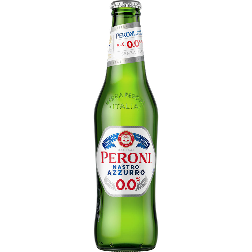 Peroni Nastro Azzurro 0,0% Alkoholfrei: Eine Mehrwegflasche des italienischen Premium-Lagers (4x6er, 24x0,33l) von Peroni steht vor weißem Hintergrund.