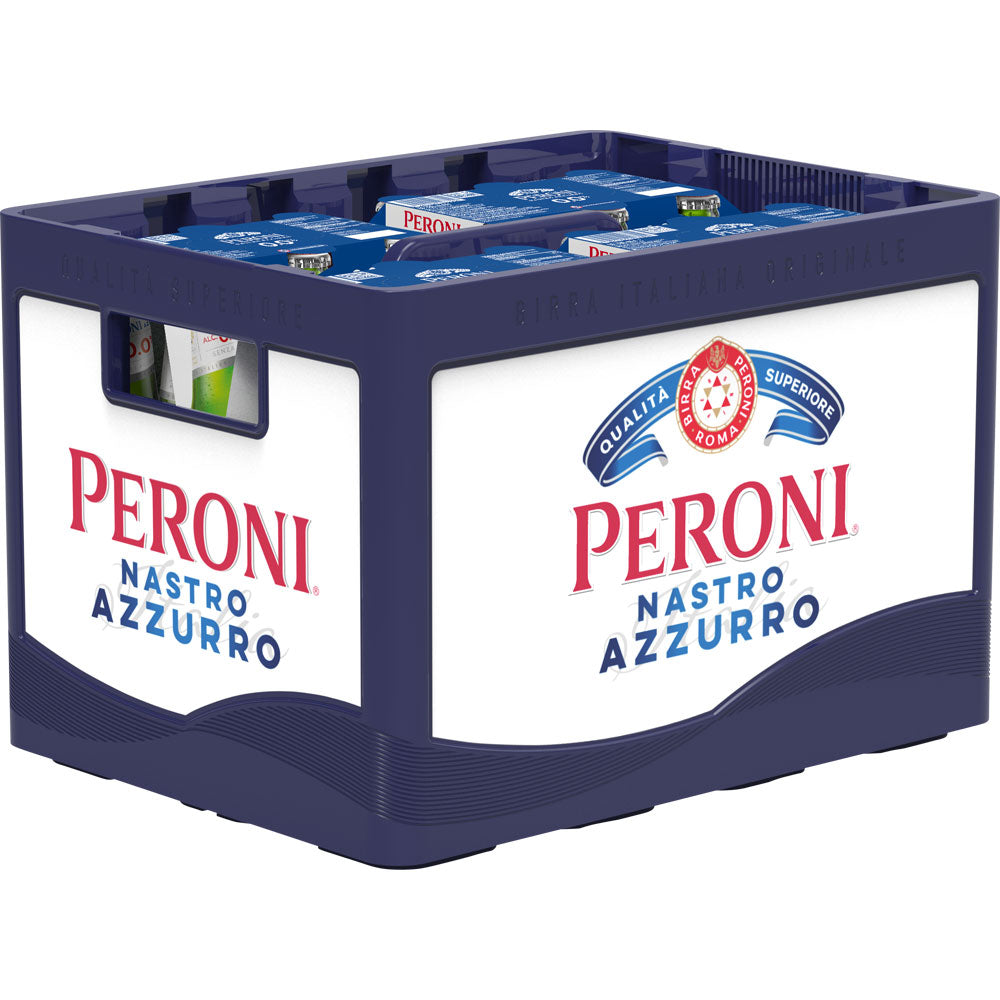 Eine blau-weiße Kiste mit Peroni Nastro Azzurro 0,0% Alkoholfrei 4x6er 24x0,33l (MEHRWEG) Flaschen zeigt das Peroni Branding und hebt dieses hochwertige alkoholfreie Bier hervor.