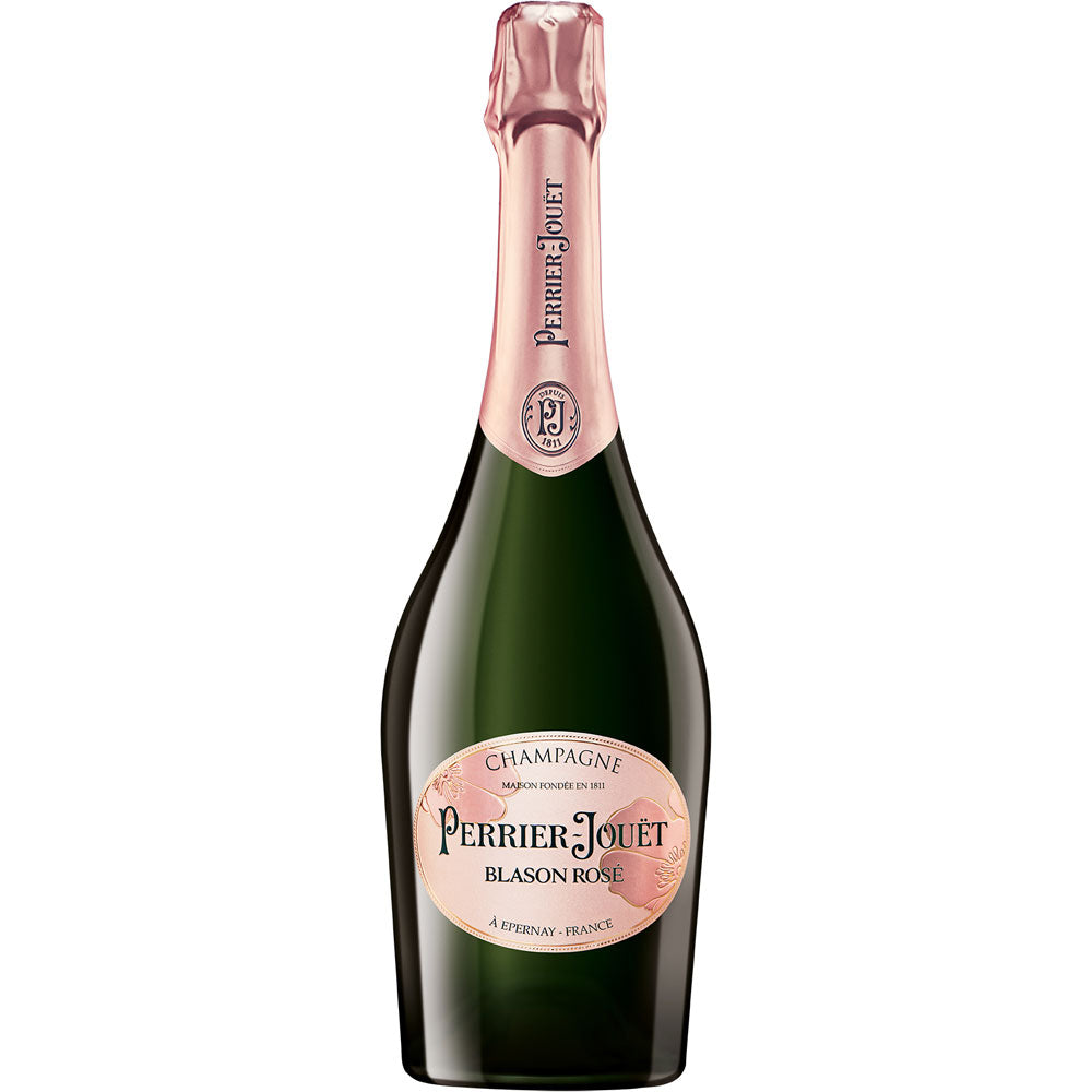 Eine 0,75-Liter-Flasche Perrier-Jouët Blason Rosé Champagner von Perrier-Jouet mit rosa Etikett und Folie am Hals.