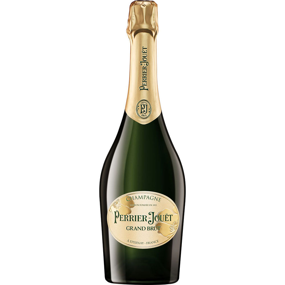 Eine 0,75-Liter-Flasche Perrier-Jouet Champagner Grand Brut, die sich durch ihr elegantes Etikett und ihren Goldfolienverschluss auszeichnet und in Épernay hergestellt wurde.