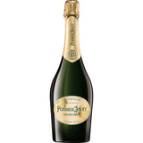 Eine 0,75-Liter-Flasche Perrier-Jouet Champagner Grand Brut, die sich durch ihr elegantes Etikett und ihren Goldfolienverschluss auszeichnet und in Épernay hergestellt wurde.