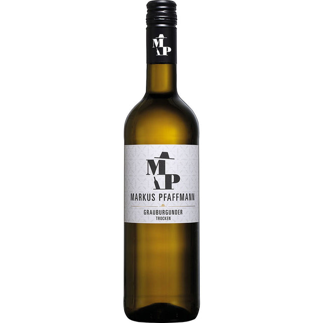 Eine Flasche Markus Pfaffmann Grauburgunder M.P. trocken 2025 aus Deutschland mit einem weißen und schwarzen Etikett.