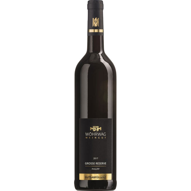 Eine Flasche Wöhrwag Philipp Rotwein-Cuvée Große Reserve trocken 2022, ein Rotwein von Wöhrwag, mit schwarz-goldenem Etikett.