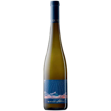 Eine hohe, schlanke Flasche „F.X. Pichler Grüner Veltliner Unendlich Wachau DAC 2023“ vom Weingut F.X. Pichler besticht durch ein blaues Etikett mit abstrakten Motiven und einen dunkelblauen Folienverschluss – eine auffällige Aufmachung, die für dieses renommierte Wachauer Weingut charakteristisch ist.