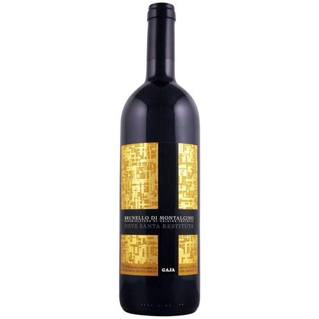 Eine 0,375-Liter-Flasche „Pieve Santa Restituta Brunello di Montalcino DOCG 2020“ mit einem gold-schwarzen Etikett auf weißem Hintergrund.