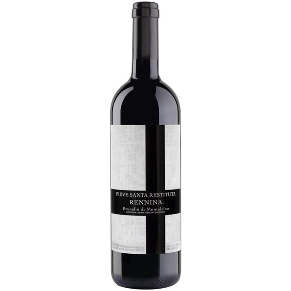Eine Flasche Pieve Santa Restituta Rennina Brunello di Montalcino DOCG 2020, bekannt für seine außergewöhnlichen Sangiovese-Trauben.