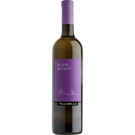 Eine Flasche Vigneti Villabella Pinot Grigio Garda IGT 2023, ein italienischer Weißwein mit lila Etikett und passender lila Halsfolie.