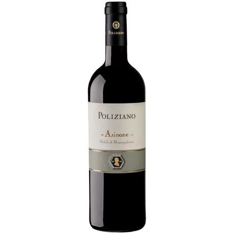 Eine Flasche „Poliziano Asinone Vino Nobile di Montepulciano DOCG 2019“ von Poliziano mit einem weiß-goldenen Etikett wird elegant vor einem schlichten weißen Hintergrund präsentiert, wodurch der raffinierte Charakter dieses renommierten toskanischen Weins besonders zur Geltung kommt.