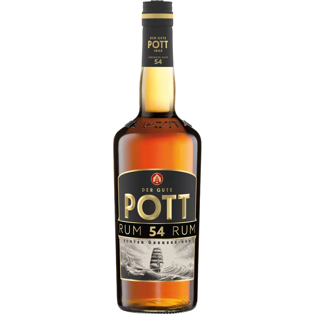 Eine 0,7-Liter-Flasche Pott Der Gute Übersee Rum 54% von Pott, mit schwarzem Etikett und goldenem Schriftzug mit einem Schiff, ideal für klassische Cocktails wie Feuerzangenbowle oder als goldener Rum zu genießen.