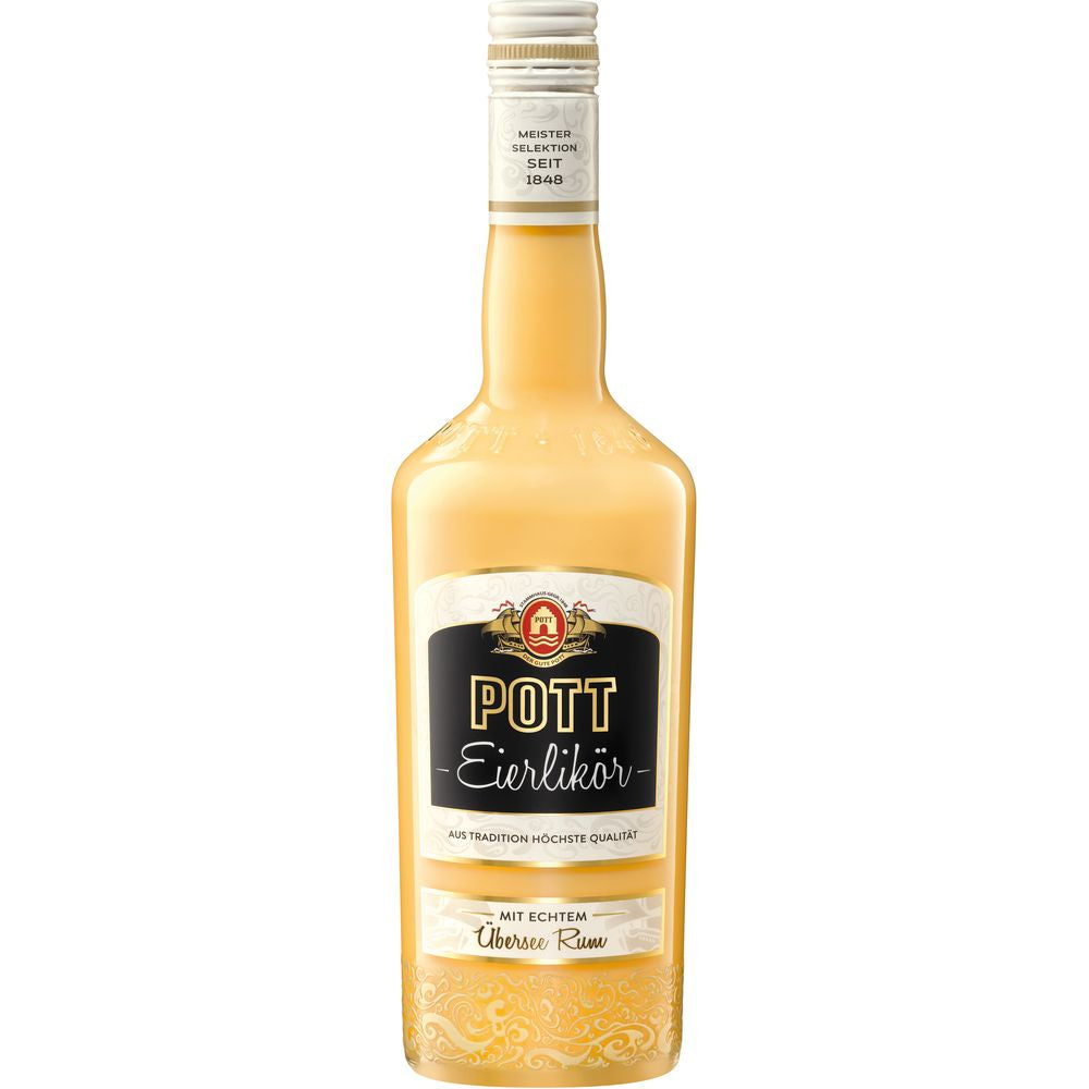 Eine 0,7-Liter-Flasche Pott Eierlikör mit Rum (16% vol.) mit einem auffälligen schwarz-goldenen Etikett auf weißem Hintergrund - perfekt für alle, die Eierlikör der Marke Pott kaufen möchten.