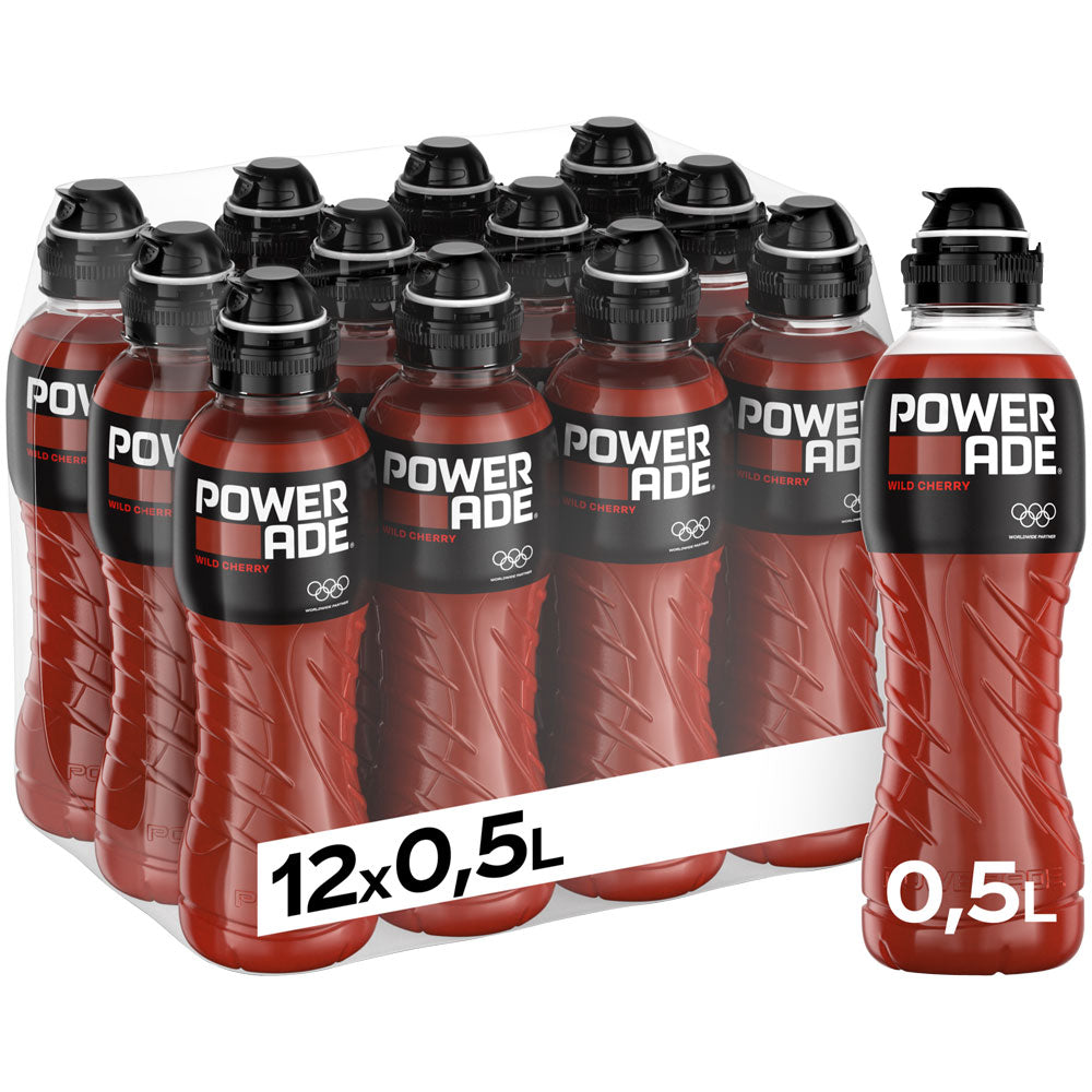 Powerade Sport Wild Cherry PET 12x0,5L (EINWEG) - 12 Flaschen des erfrischenden isotonischen Elektrolytgetränks mit Kirschgeschmack von Powerade in einer praktischen Packung.