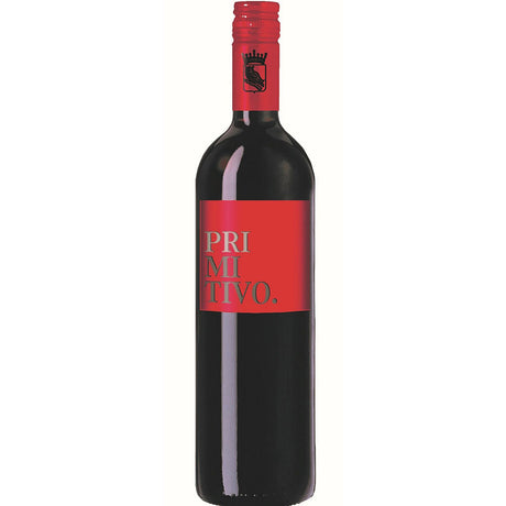 Eine Flasche Francesco Minini Primitivo Puglia Piane del Levante IGT 2024 mit rotem Verschluss und rotem Etikett wird auf einem schlichten Hintergrund präsentiert.