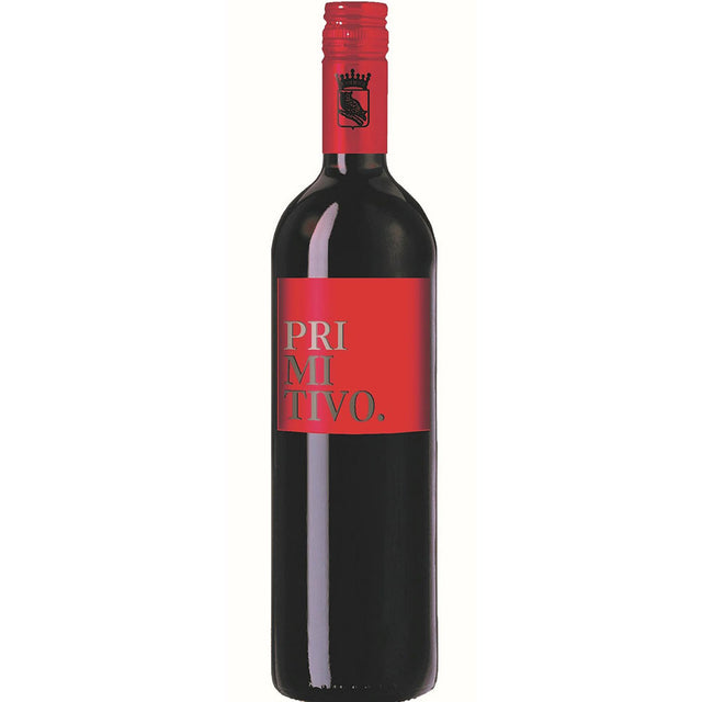 Eine Flasche Francesco Minini Primitivo Puglia Piane del Levante IGT 2024 mit rotem Verschluss und rotem Etikett wird auf einem schlichten Hintergrund präsentiert.